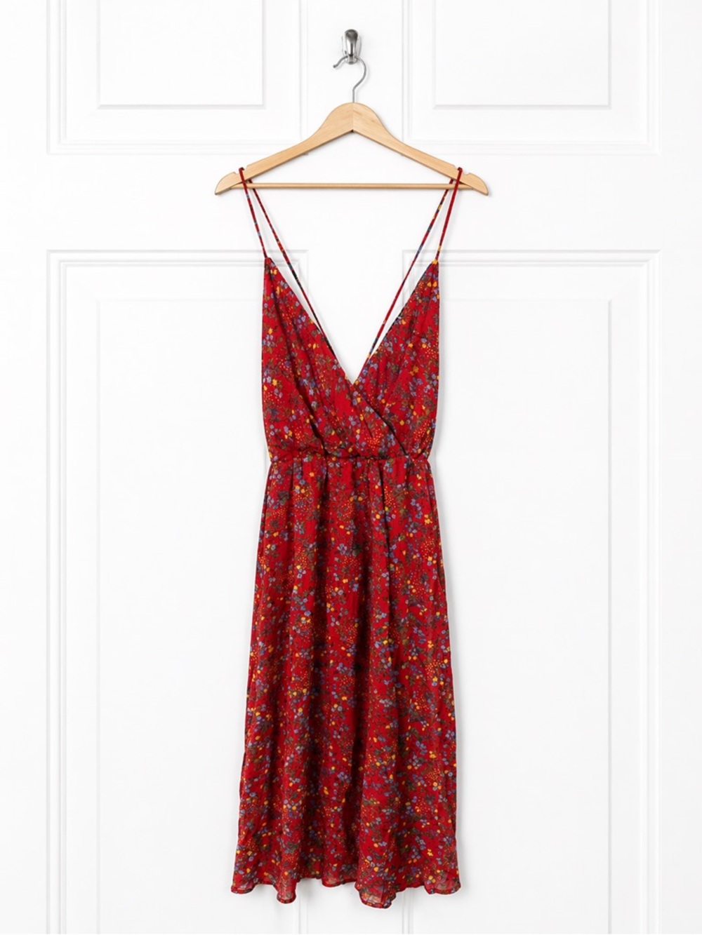 Tobi Red Floral Surplice Midi Dress Double Spaghetti‎ Straps Size S